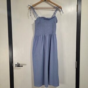 H&M Blue Smocked Tie Strap Midi Dress Women's Medium Cottagecore Summer Sundress